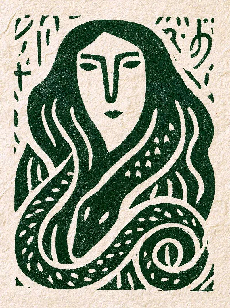 Printmaking Art Featuring a Woman Surrounded by a Serpent