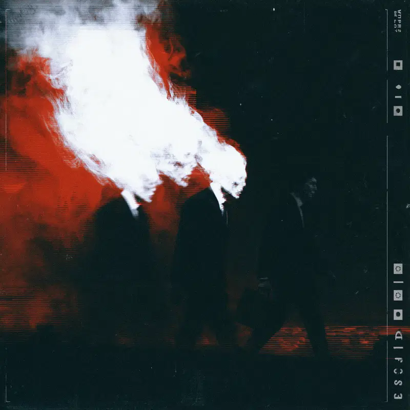 Surreal image of figures in suits with white smoke heads against red and black background