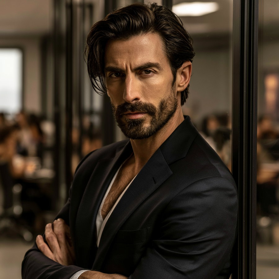 A man with dark hair and beard wearing a dark suit and white shirt, standing with arms crossed against a glass wall in an indoor setting with blurred people in the background