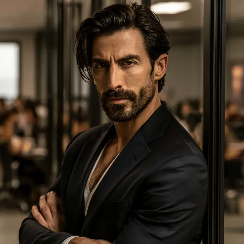 Intense and stylish portrait of a man in a suit leaning against glass