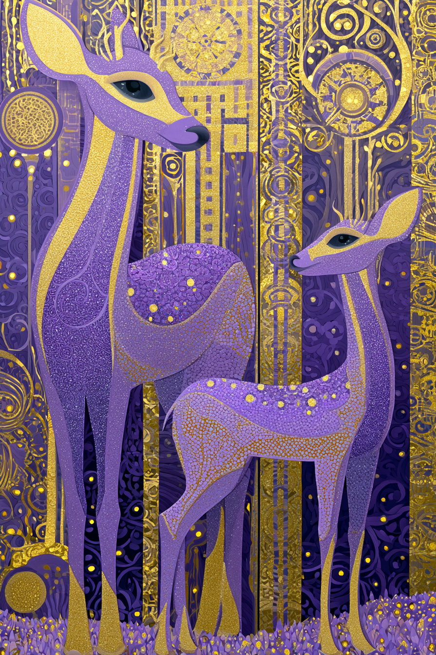 A detailed painting showing two stylized deer in shades of purple and gold standing against a decorative background with abstract gold and purple circular and linear patterns.