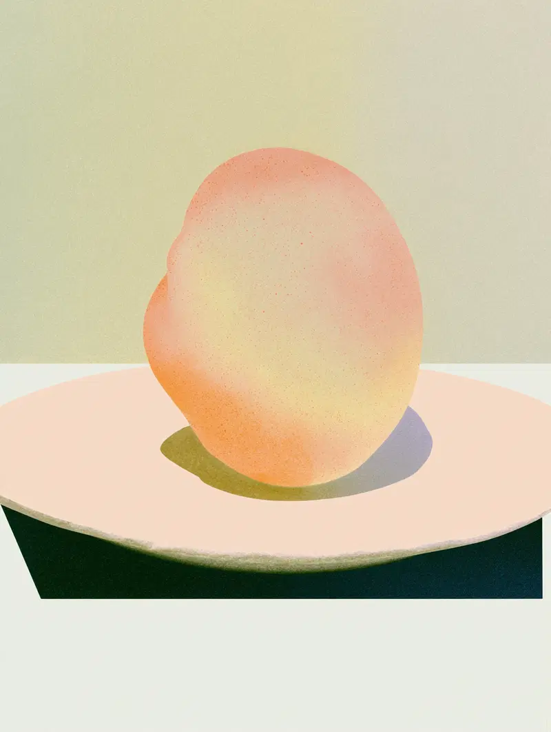 Minimalist acrylic painting of a round peach on a light plate