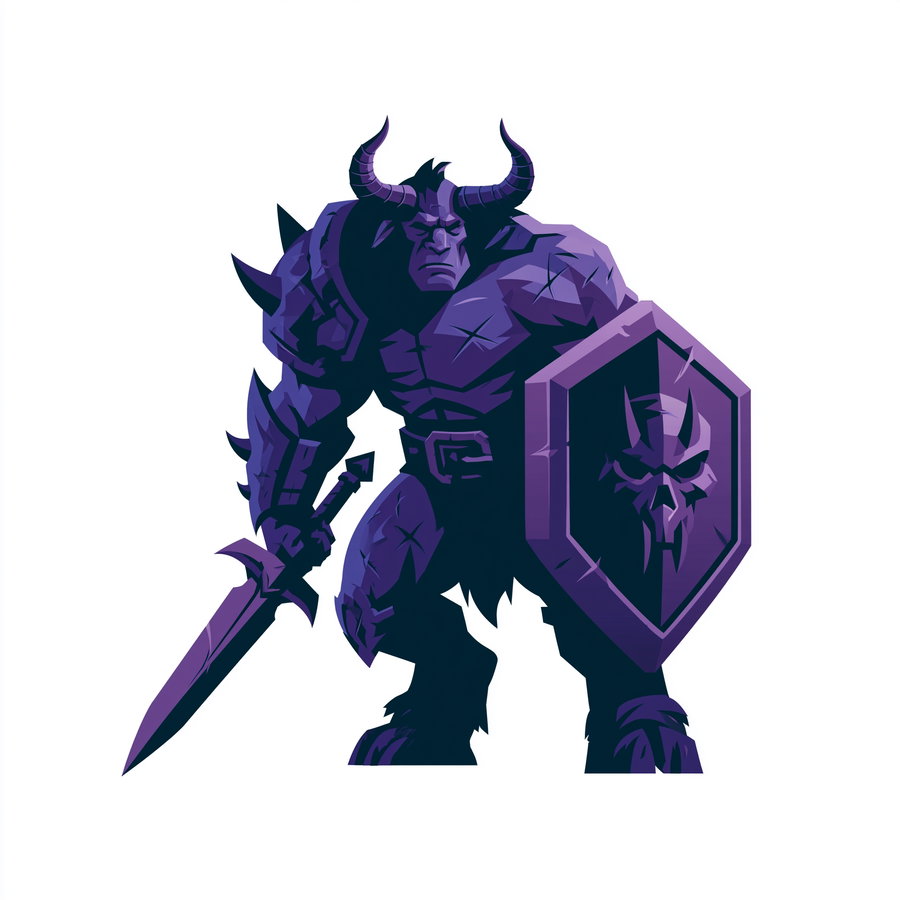 Illustration of a muscular fantasy warrior with horns, wielding a sword and a shield with a skull emblem, colored in shades of dark purple
