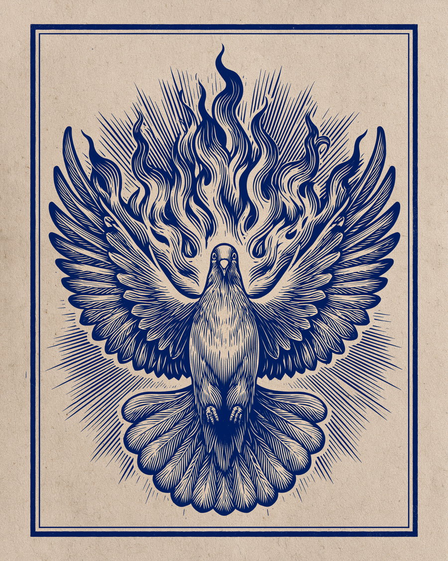 A detailed dark blue tattoo-style illustration of a dove with outstretched wings and flames rising from its back on a textured beige background