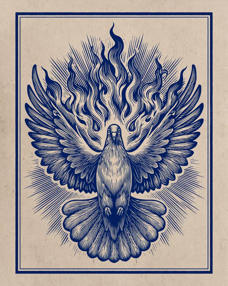 Intricate tattoo design of a stylized dove with flaming wings