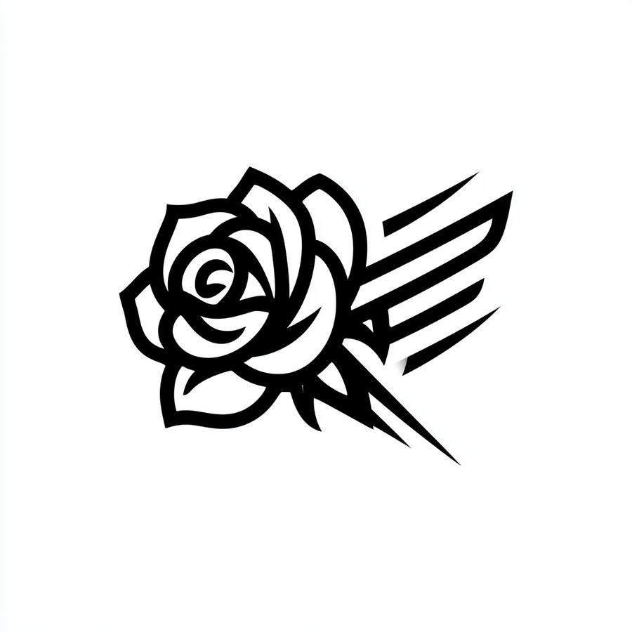 Black line art tattoo design of a rose with sharp lines extending from the right side on a white background