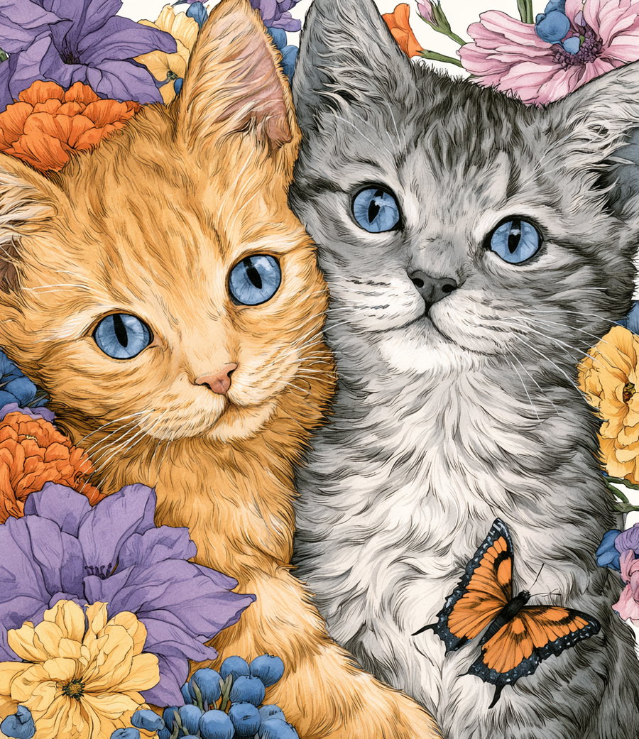 A detailed illustration featuring an orange kitten and a grey kitten with blue eyes, surrounded by purple, yellow, and orange flowers, with a butterfly resting on the grey kitten