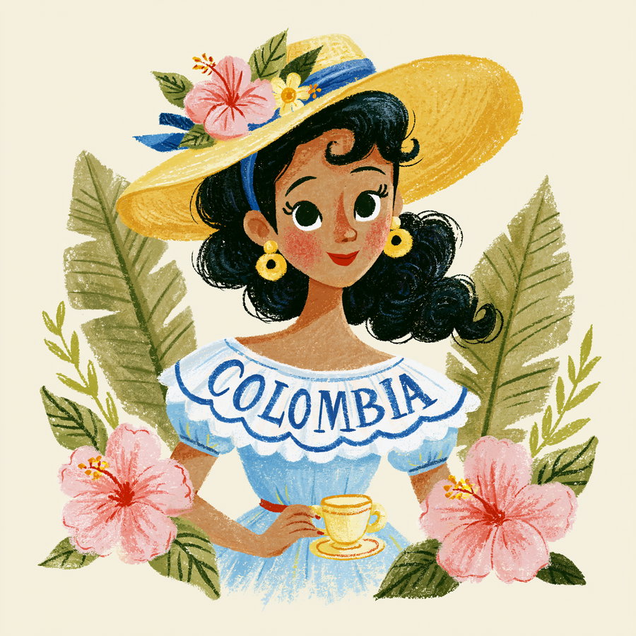 Illustration of a smiling woman with dark curly hair wearing a yellow wide-brimmed hat adorned with flowers, a blue dress with the word Colombia on the collar, holding a yellow teacup, with tropical leaves and pink hibiscus flowers around her