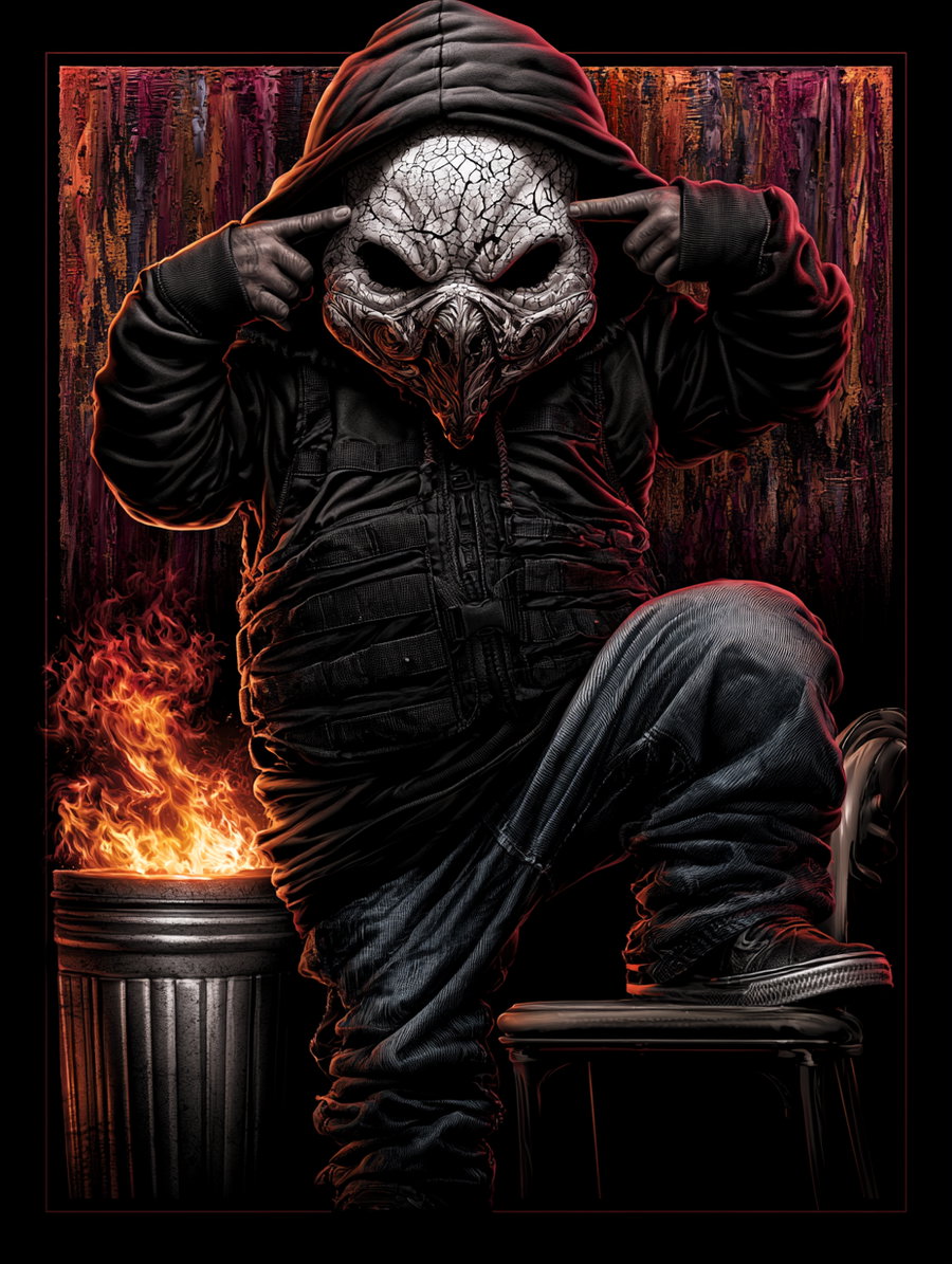 A digital painting of a person wearing a cracked skull mask and black hoodie, standing with one foot on a chair next to a burning trash can, against a textured dark red and orange background