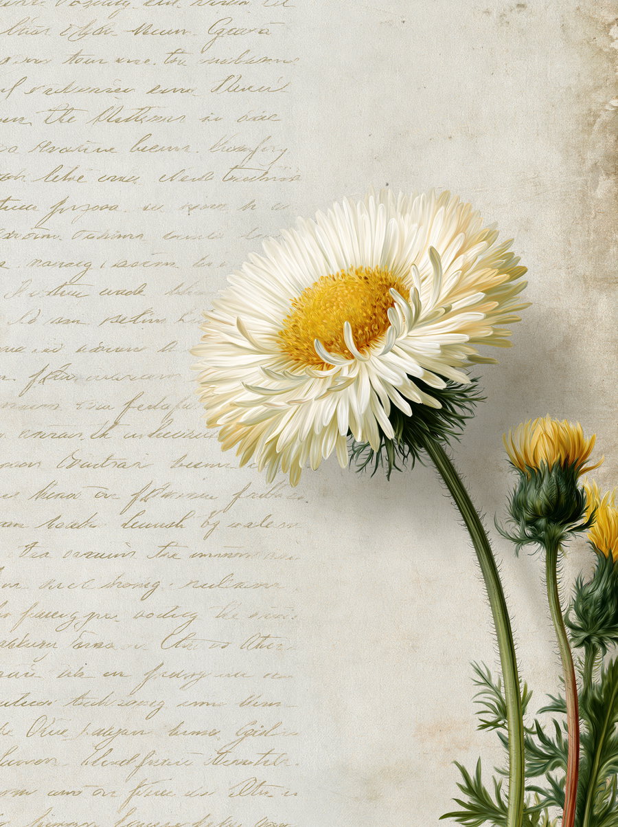 A detailed botanical illustration featuring a white daisy with a yellow center and green stem alongside yellow daisy buds, set against a textured vintage paper background with cursive handwriting.