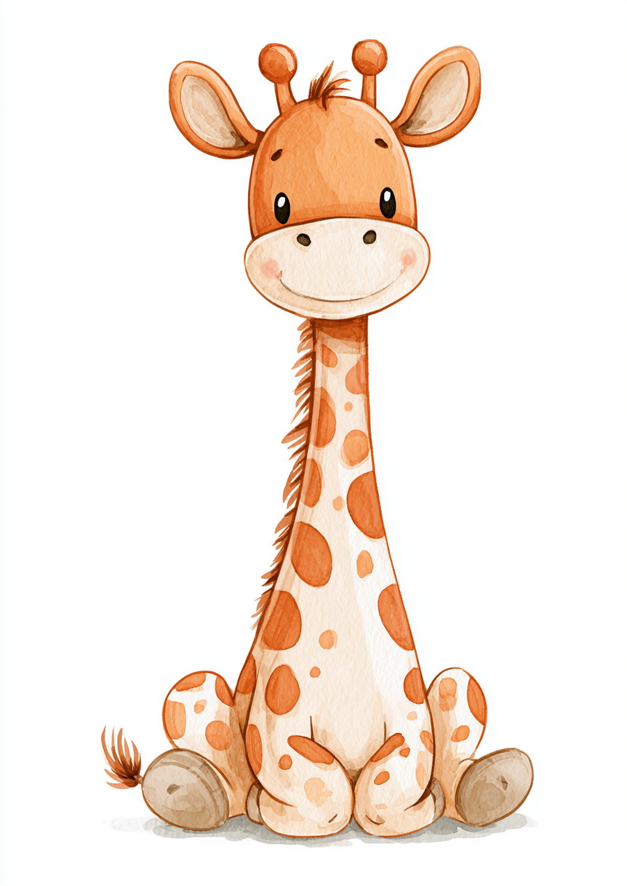 A watercolor painting of a smiling giraffe sitting on the ground with orange spots, big eyes, and a fluffy tail on a white background