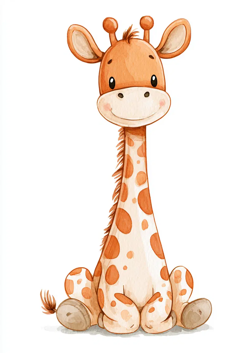 Watercolor Illustration of a Cute Sitting Giraffe with Smiling Face