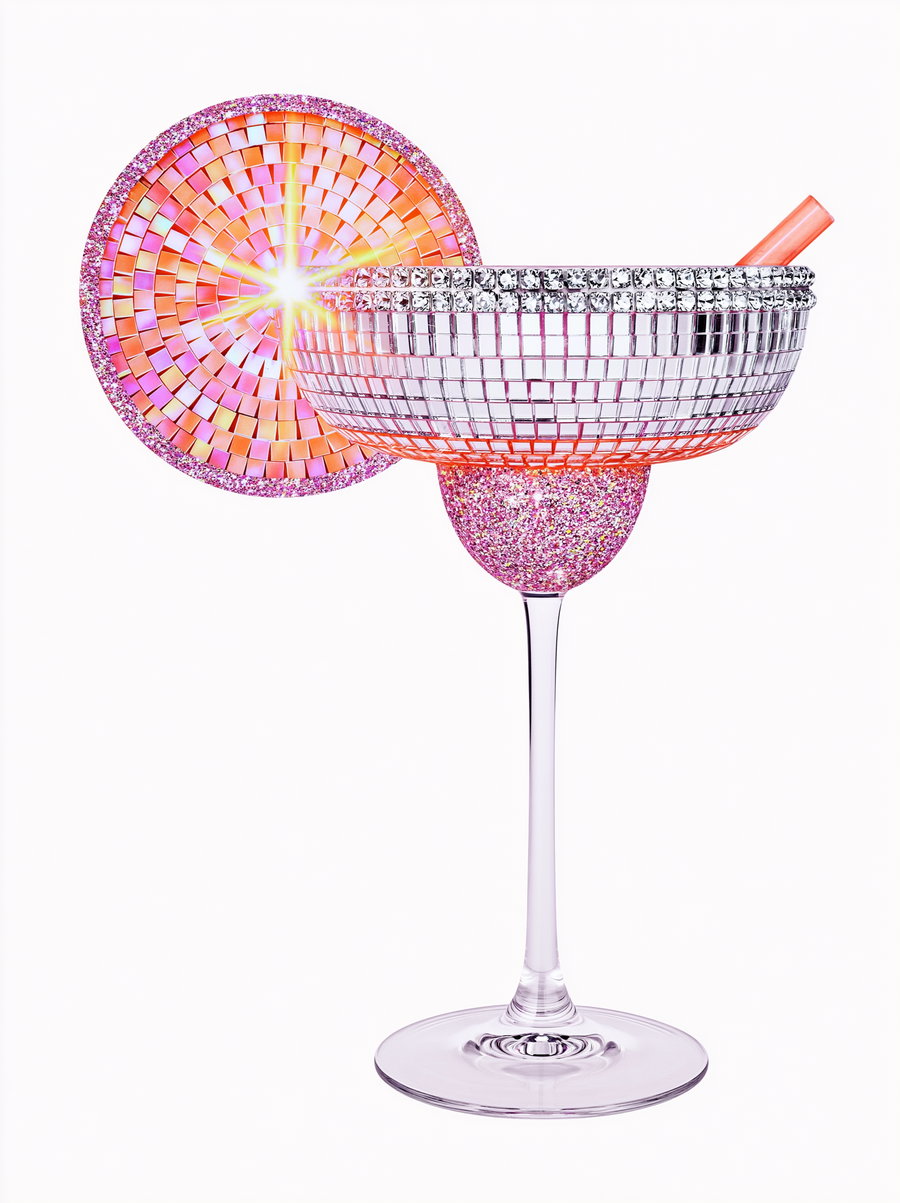 A cocktail glass decorated with small mirrored tiles and glitter, containing a glowing pink straw, with a large, round, glittery and mirrored tile garnish resembling a citrus slice