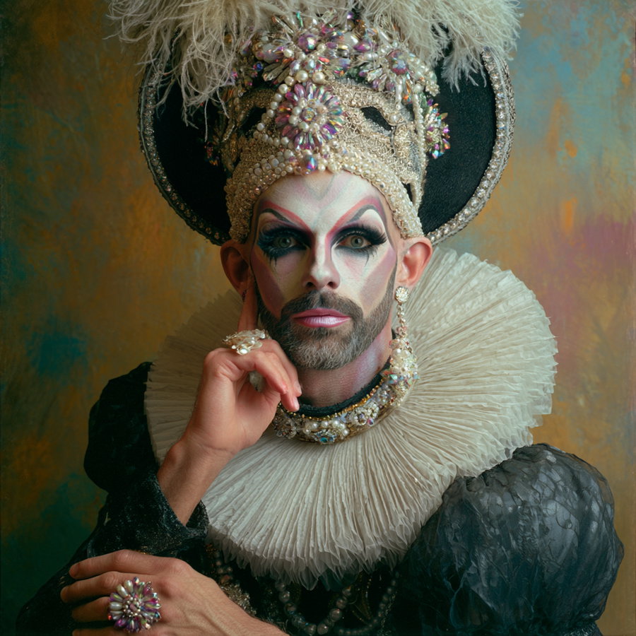 Portrait of a person with dramatic makeup wearing an elaborate jeweled headpiece, ruffled collar, and black textured clothing, set against a textured background