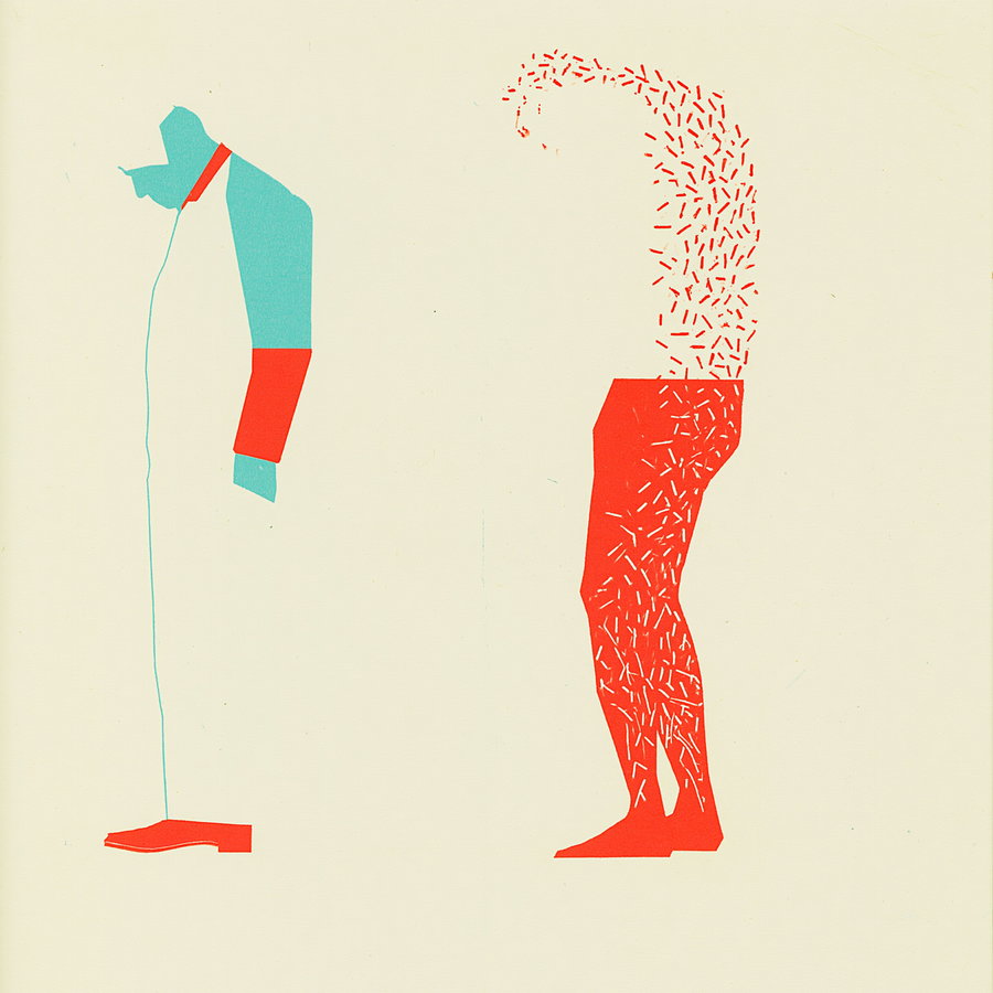 Abstract representation of two human figures using simple geometric shapes in red and blue on a beige background