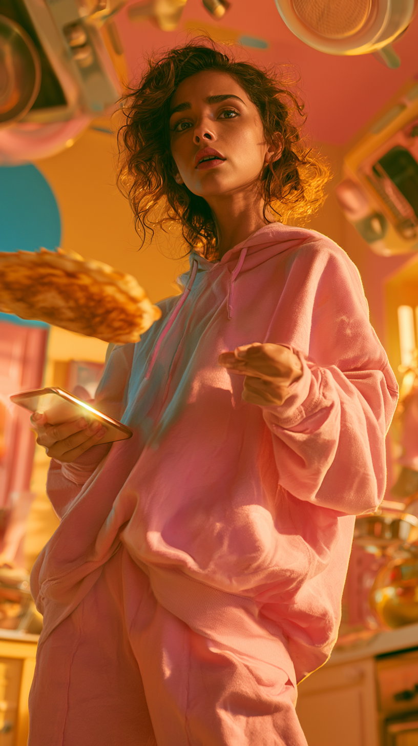 A young woman wearing a pink hoodie and pants stands in a vibrant kitchen holding a smartphone in one hand and flipping a pancake in the air with the other.