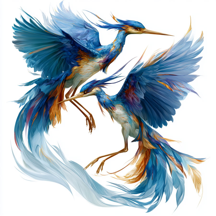 Two digitally illustrated birds with vibrant blue and orange feathers, dynamically posed with wings spread against a white background