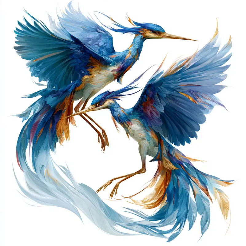 Vibrant and detailed digital painting of two blue and orange exotic birds in flight
