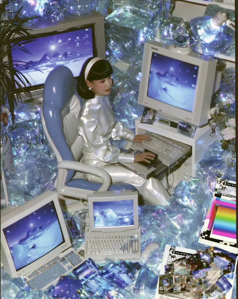 Retro digital surrealism featuring vintage computers and futuristic aesthetics