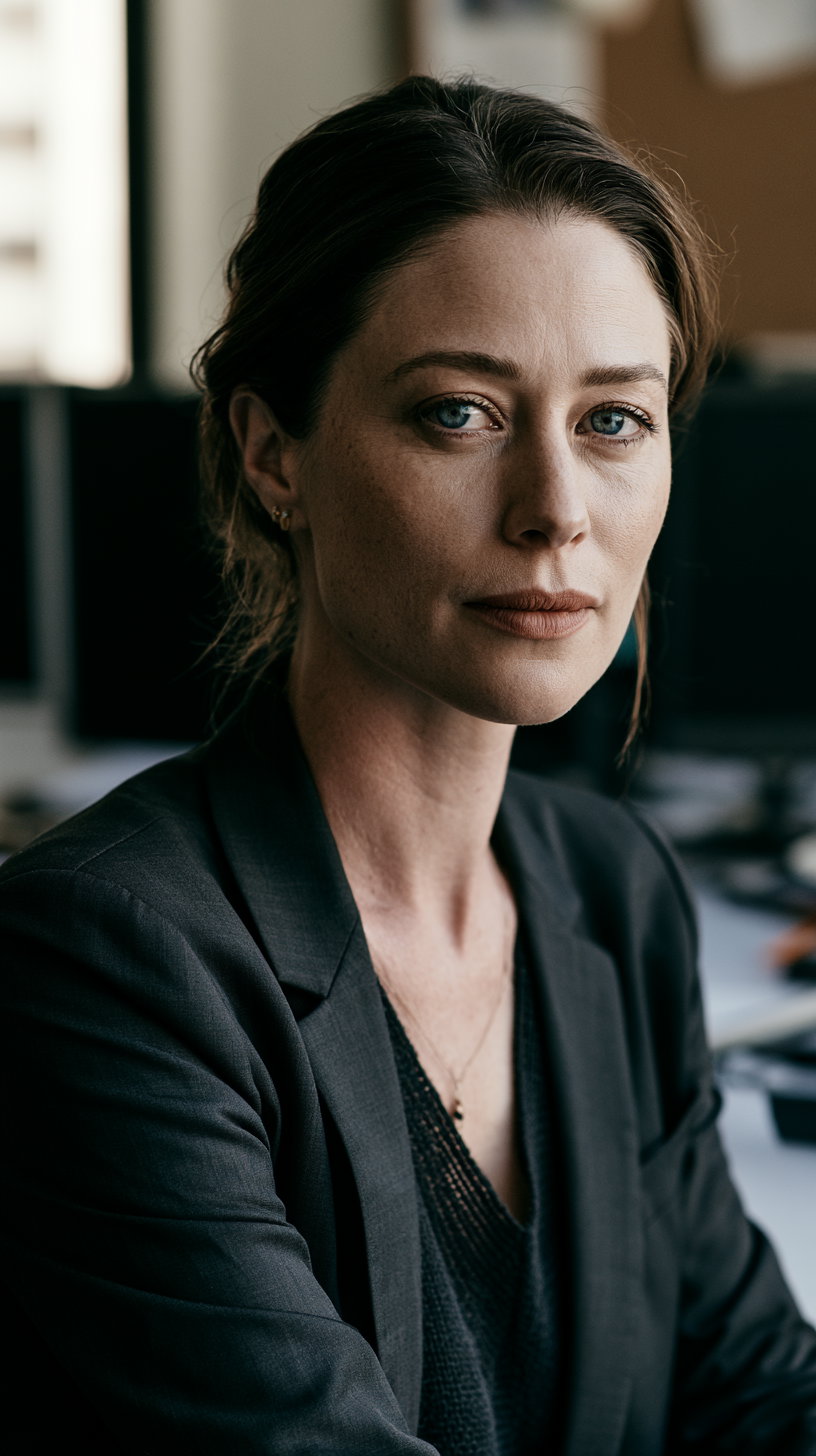 Close-up portrait of a woman with light skin, blue eyes, and brown hair, wearing a black blazer and a black top, with a blurred indoor background