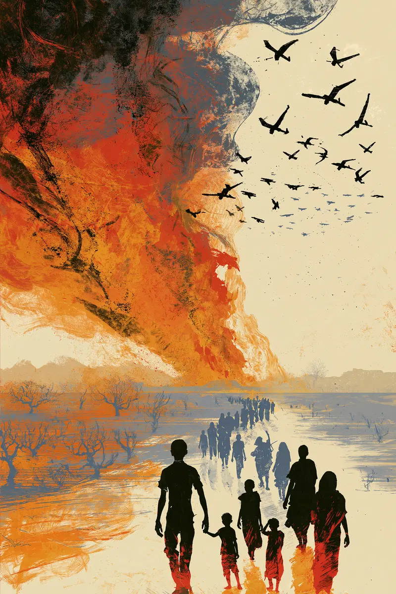 Contemporary artwork depicting silhouetted figures walking from a fiery landscape with birds flying above
