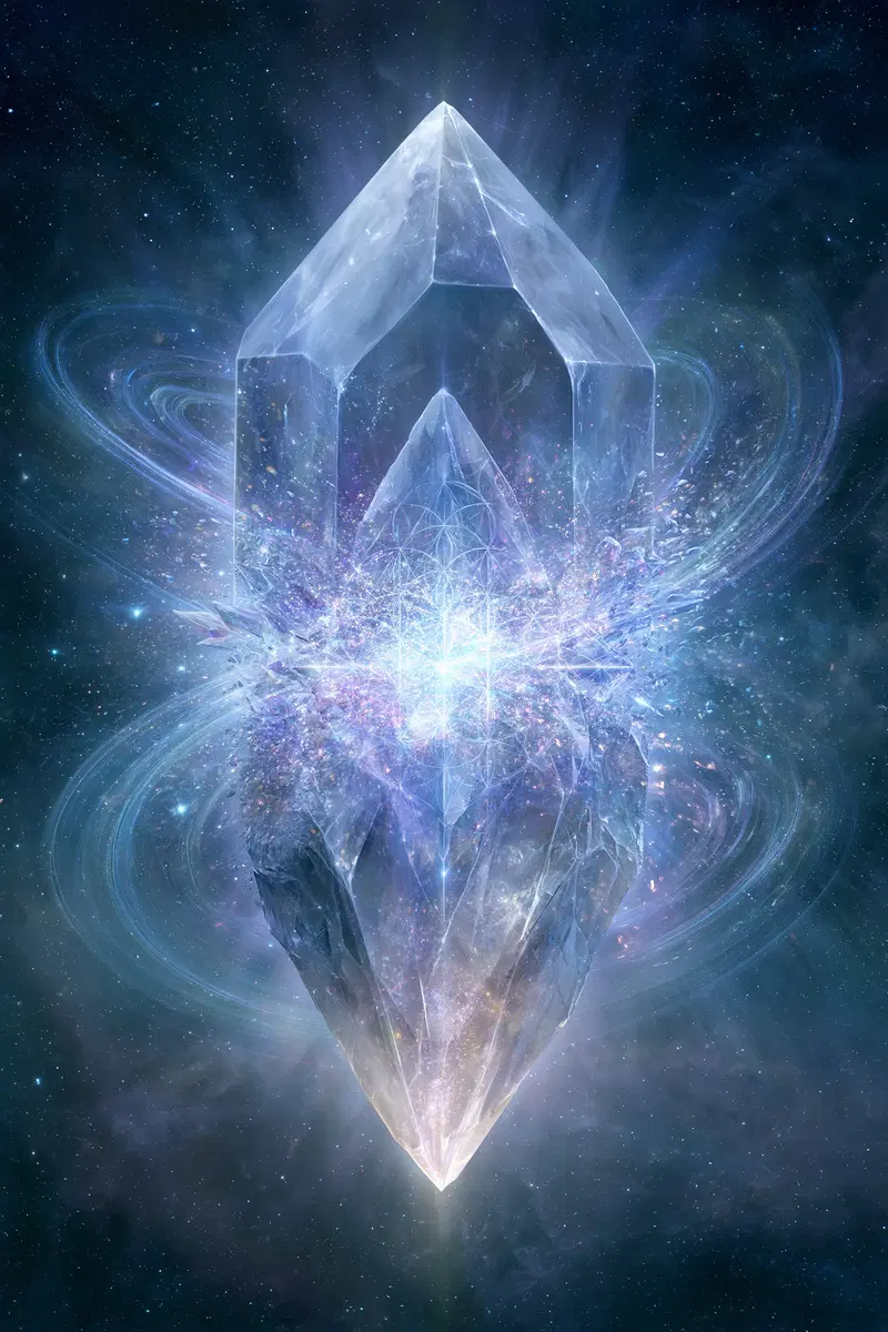 Digital artwork of a translucent crystal emitting cosmic energy and light
