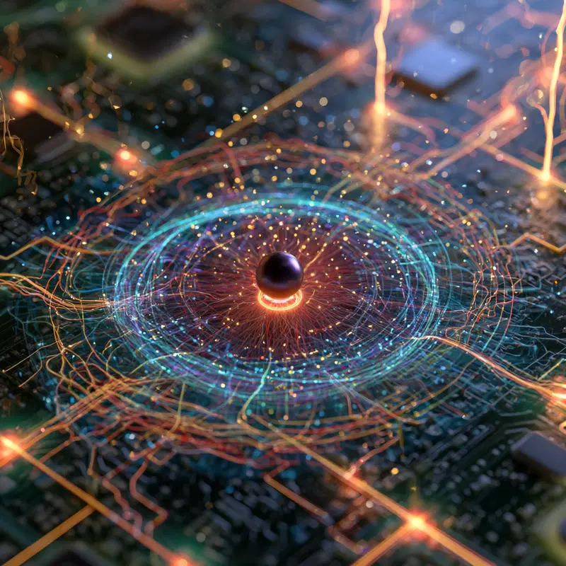 Digital representation of a glowing circuit with a central orb and luminous lines