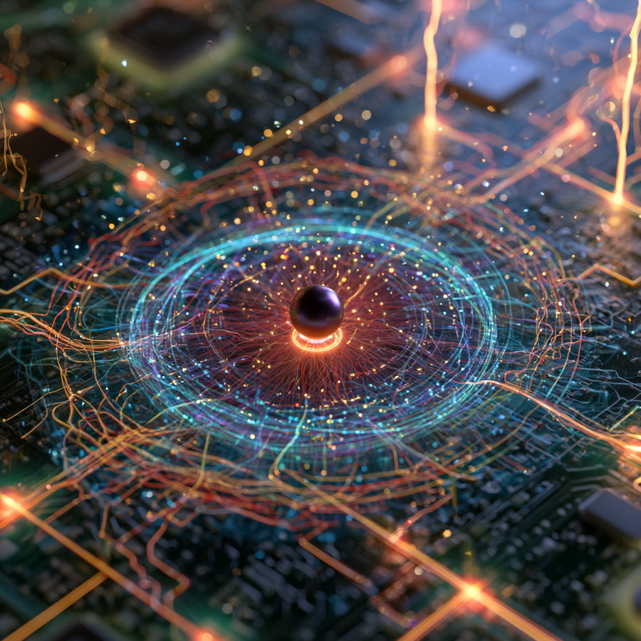A digital artwork showing a central dark orb surrounded by glowing blue and orange circular lines on a detailed circuit board background with light particles and bright connections