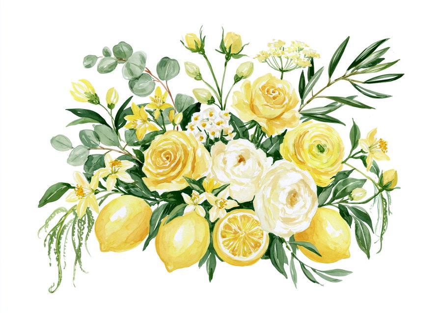 A watercolor botanical illustration showing a lush arrangement of yellow flowers, green leaves, and yellow lemons on a white background.