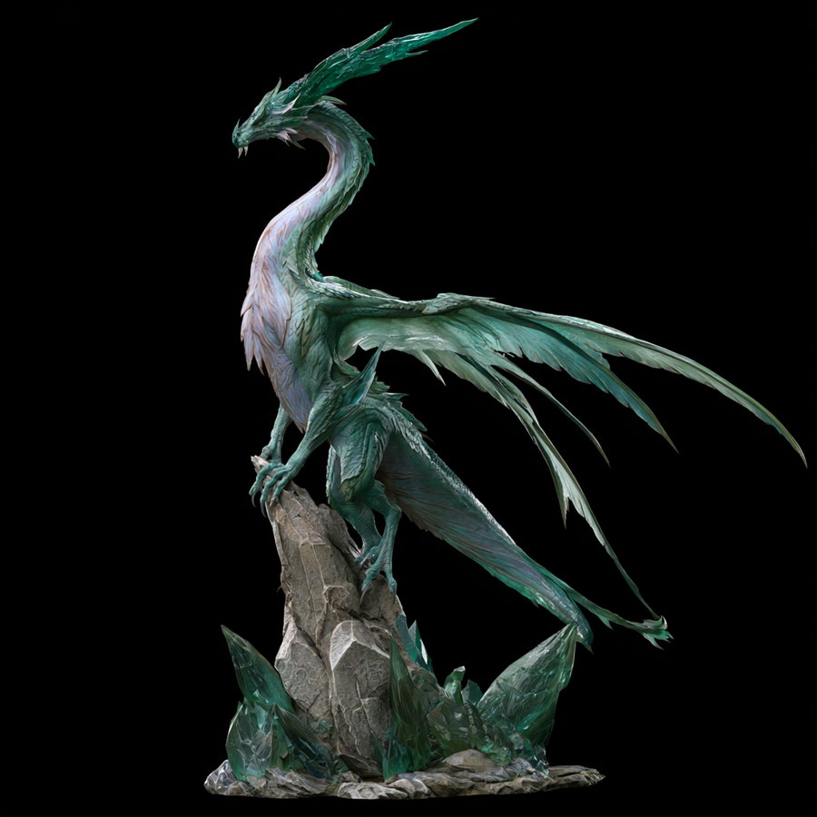A highly detailed sculpture of a dragon with elongated neck and wings, standing on a rock surrounded by green crystal formations, set against a black background