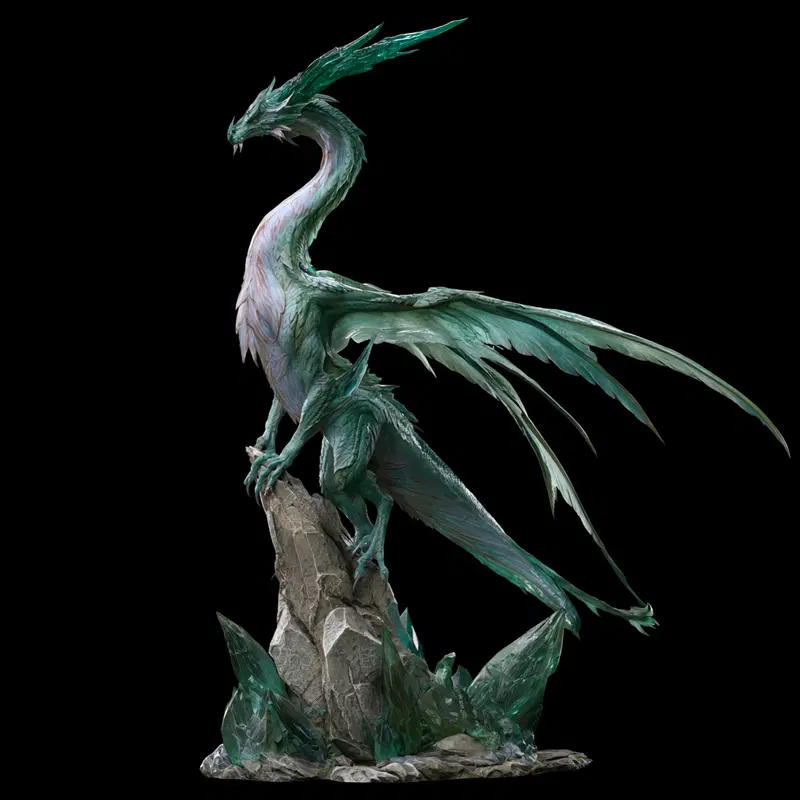 Detailed sculpture of a majestic dragon perched on rocky crystal formations