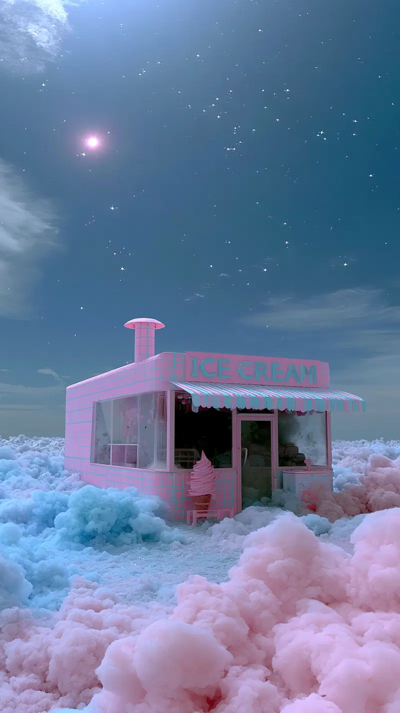 Surreal Concept Art of a Pink Ice Cream Shop Among Colorful Clouds