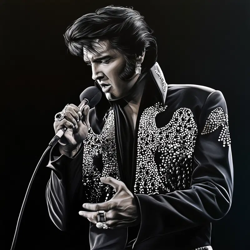 Detailed artistic portrait of a male singer in a studded black outfit singing