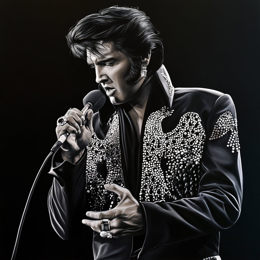 A hyper-realistic artistic portrait of a man with styled dark hair, wearing an embellished black jacket with studs, holding a microphone and singing passionately against a dark background.