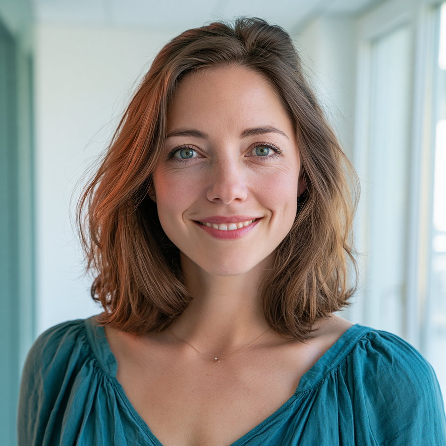 A young woman with shoulder-length brown hair and blue-green eyes is smiling gently, wearing a teal blouse and a delicate necklace, standing indoors near a bright window.