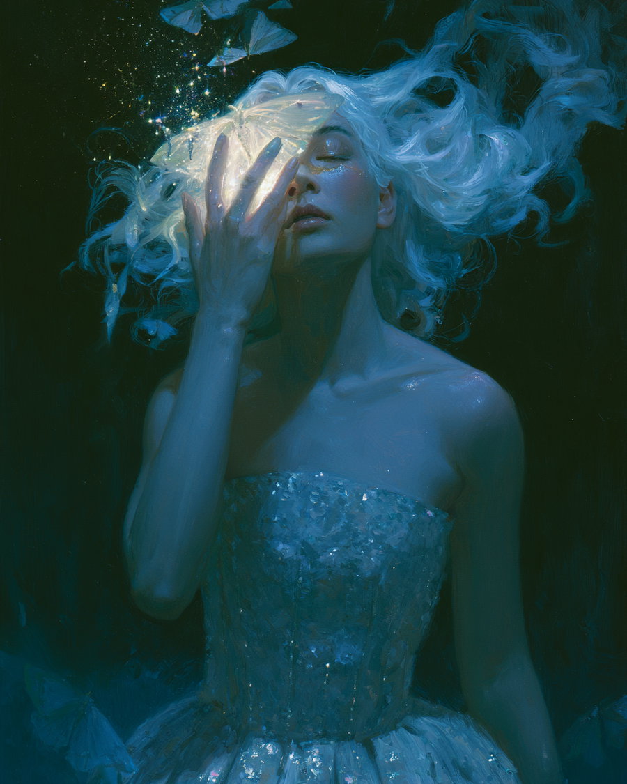 Painting of a woman with flowing white hair, eyes closed, holding glowing white butterflies near her face, wearing a shimmering strapless dress, set against a dark background