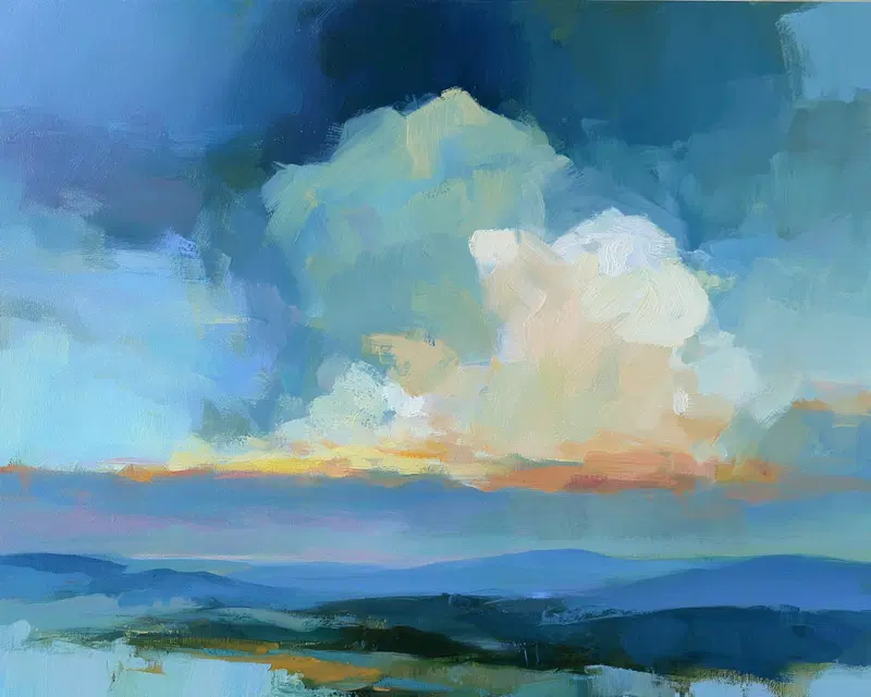 Impressionistic landscape painting with a dramatic sky and distant hills