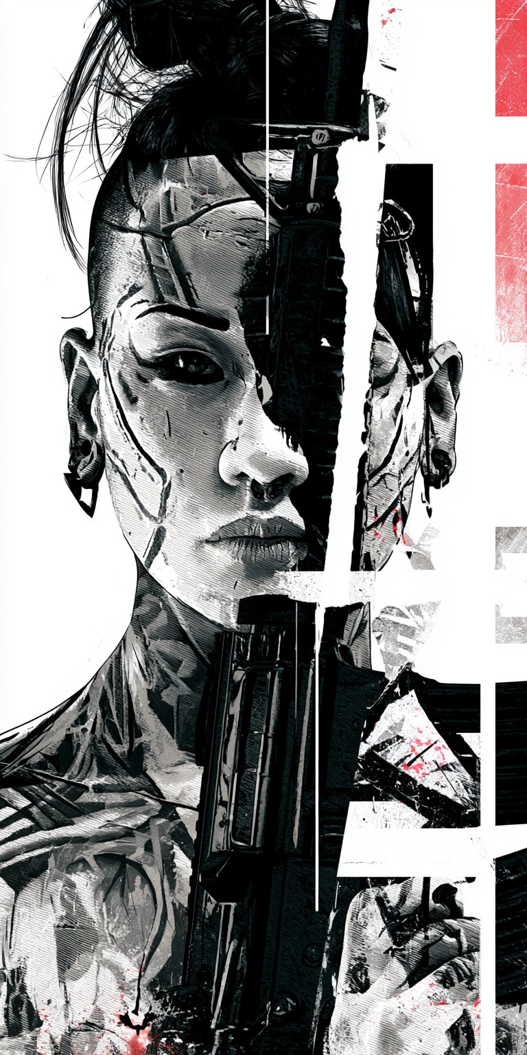Monochrome digital illustration of a person with tattoos and piercings holding a gun vertically that splits their face, with red paint accents and abstract geometric patterns