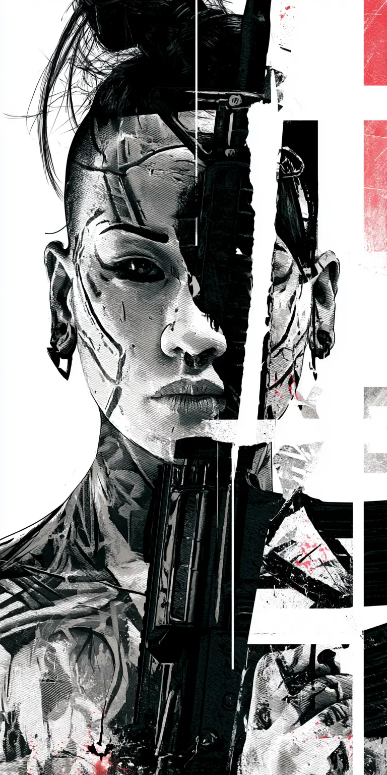 High contrast black and white artistic character design with weapon
