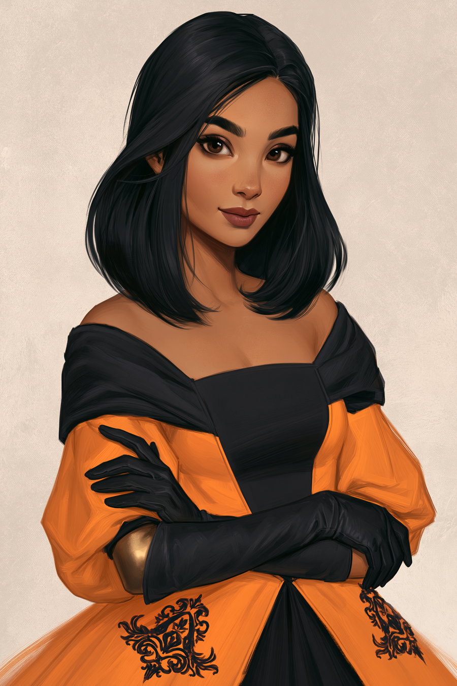 A digital painting of a woman with black hair and brown eyes, wearing an orange dress with black accents and long black gloves, depicted with a soft neutral background.