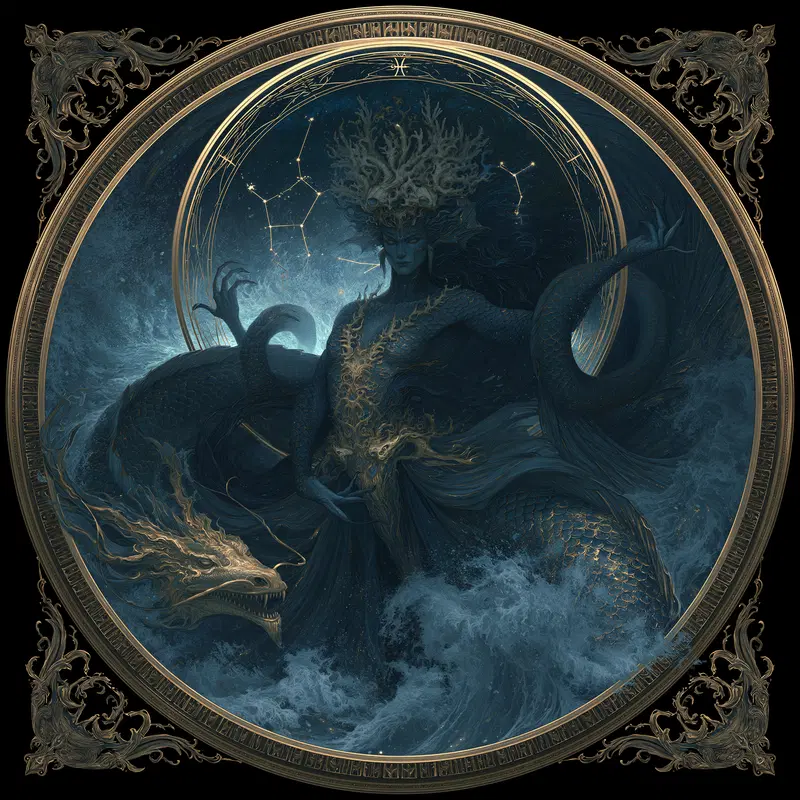 Mystical sea creature with ornate gold details and constellations