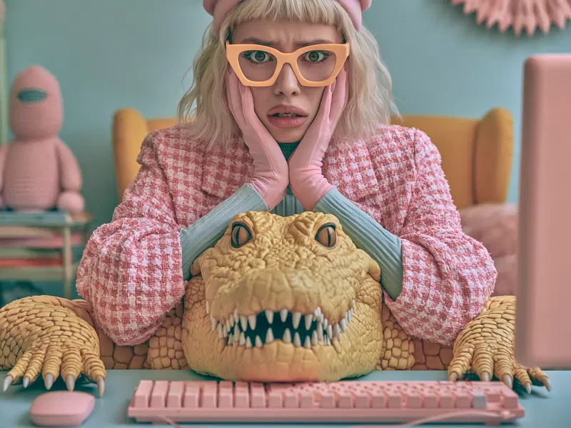 Surreal mixed media art featuring a woman with a crocodile head at a computer