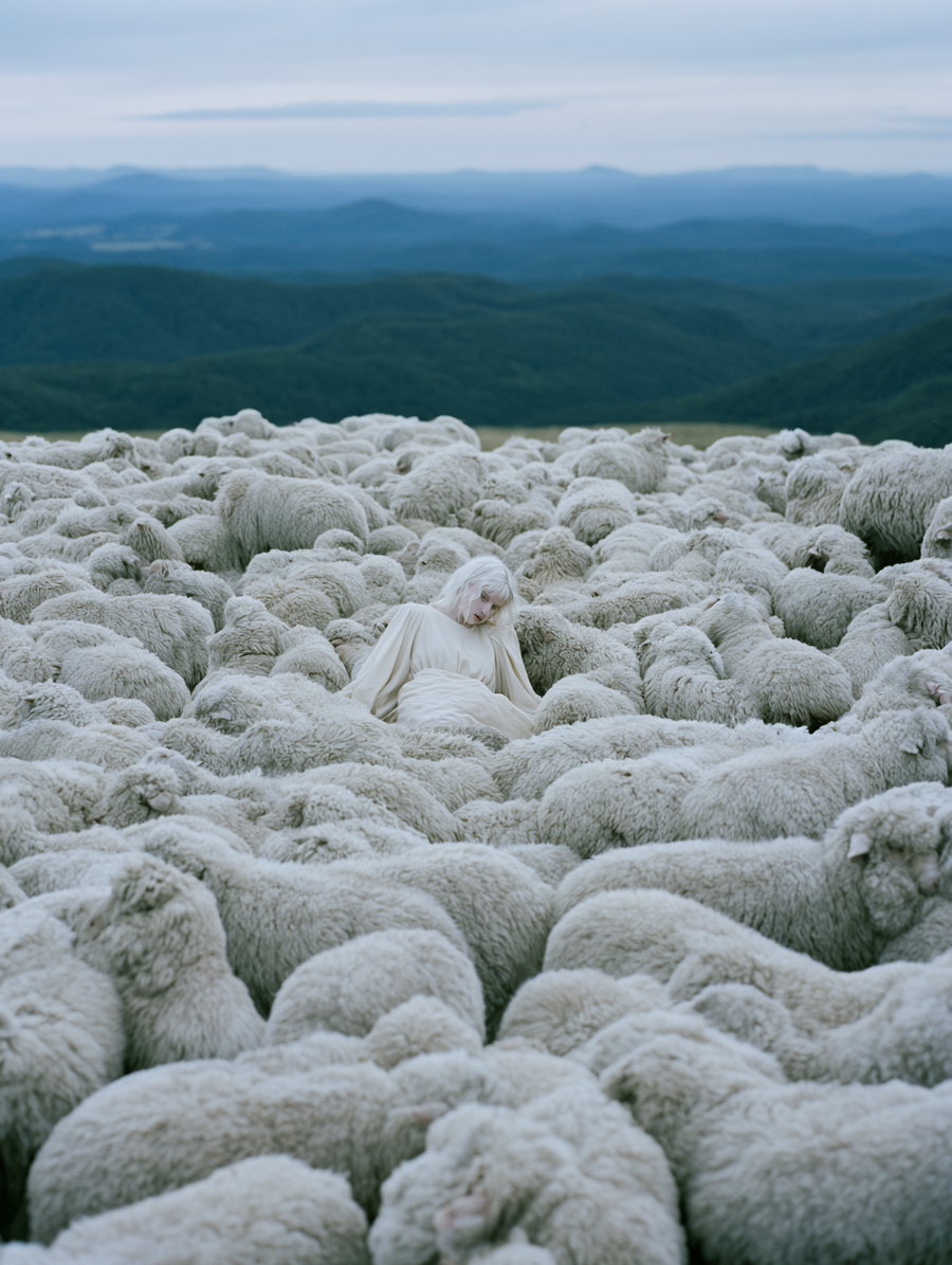 A pale-skinned woman with white hair and a light cream dress sits peacefully among a large flock of white sheep in a natural landscape with rolling blue hills in the background.