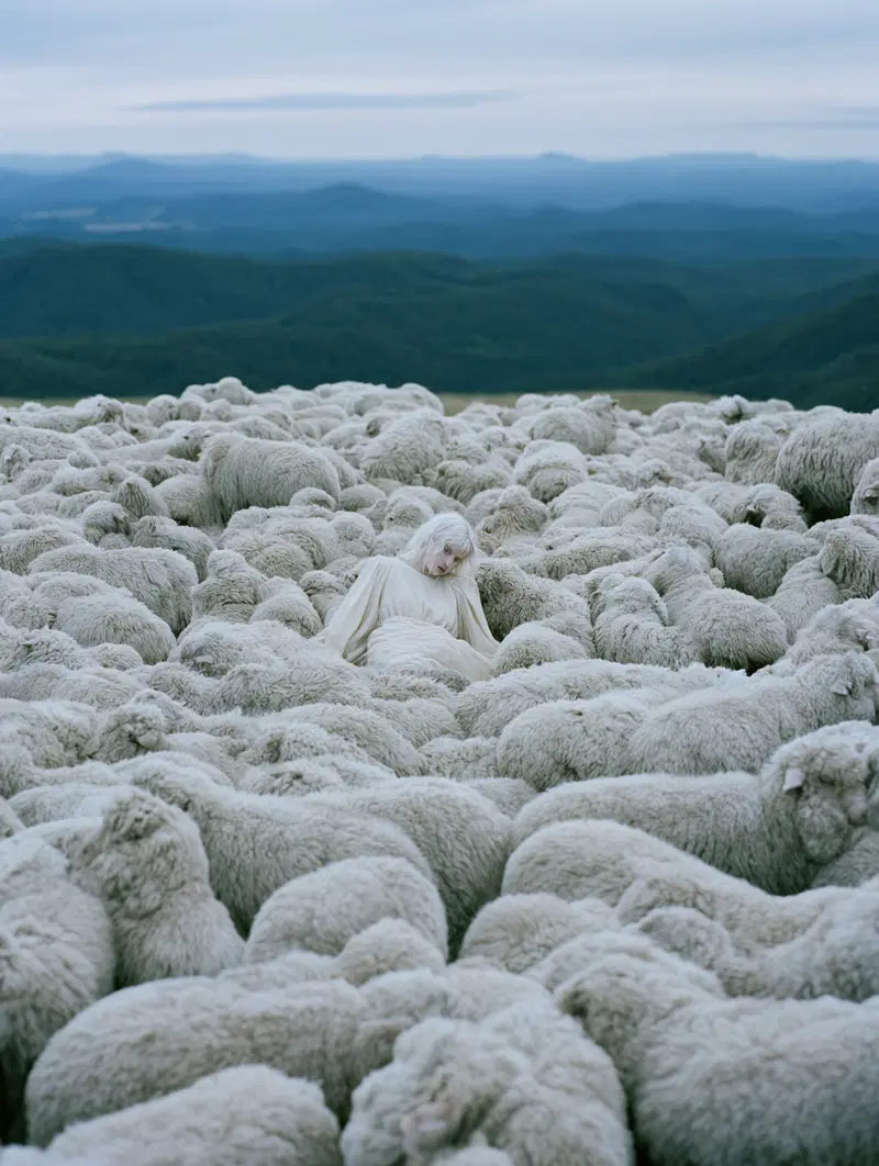 Surreal artistic portrait of a woman surrounded by a flock of sheep in nature
