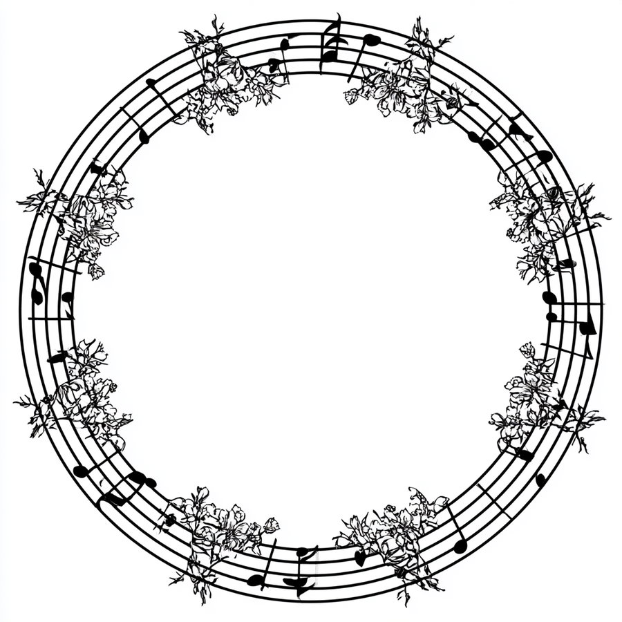 A circular black and white frame made of musical staff lines with music notes and floral elements intertwined, on a white background