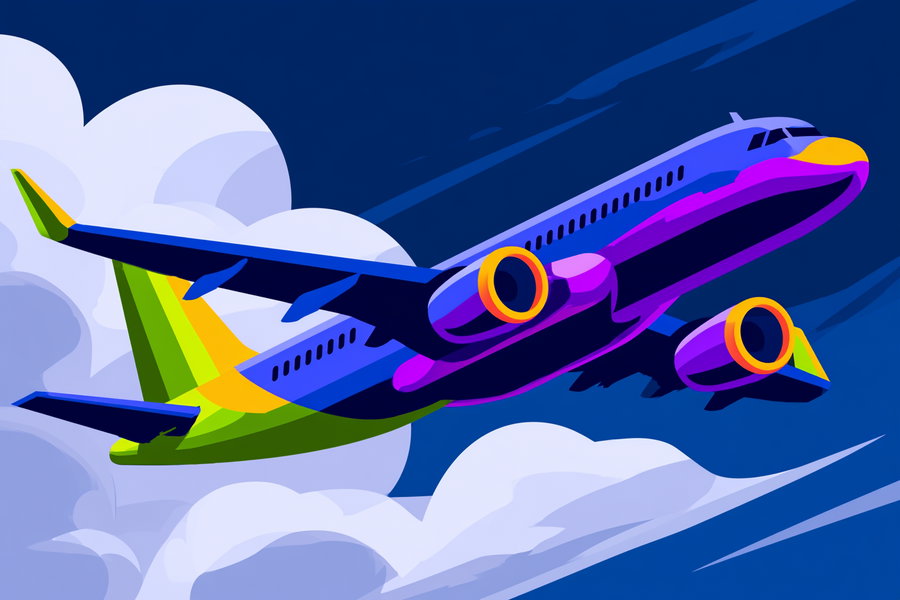 A vibrant digital illustration showing a blue, purple, and green airplane soaring through a partly cloudy sky with a deep blue background