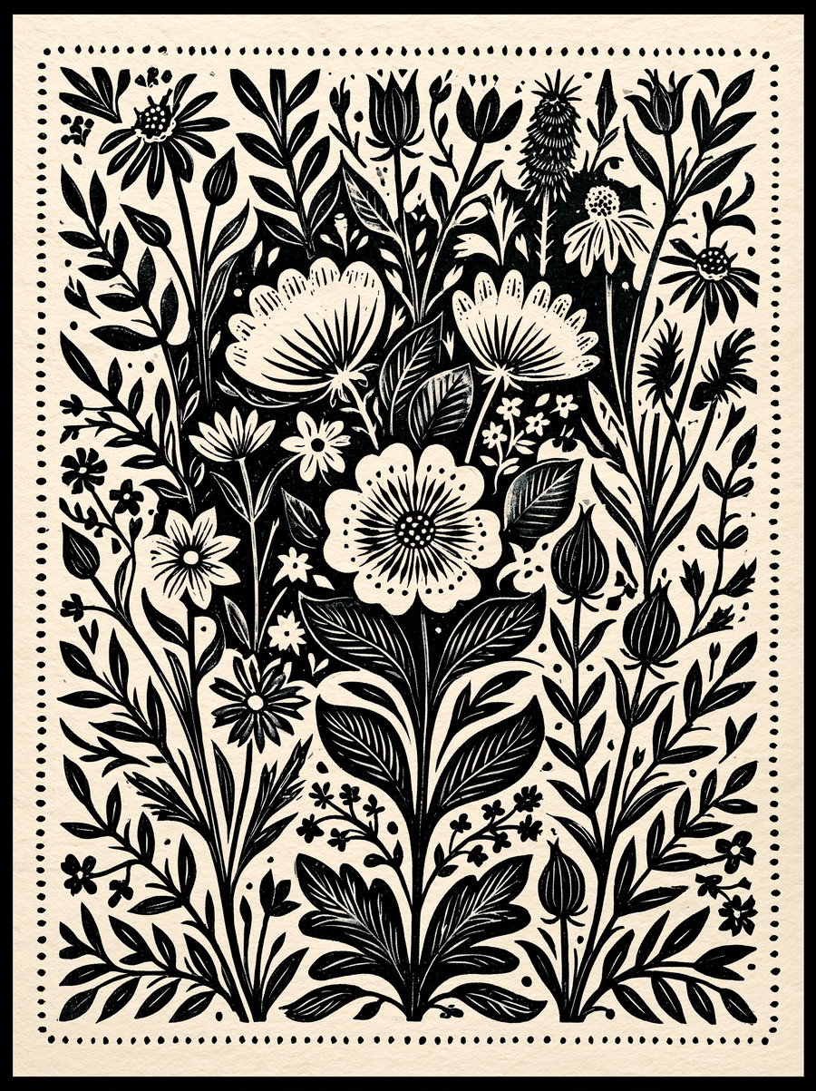 Black and white floral illustration featuring a variety of flowers and leaves in a detailed pattern with a dotted border