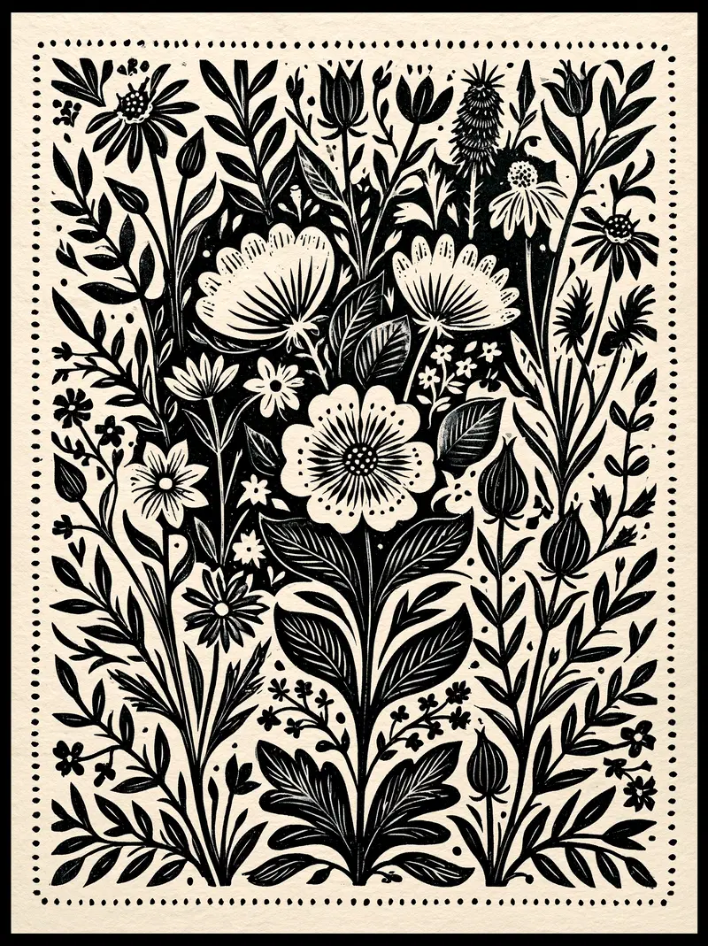 Detailed black and white botanical illustration of various flowers and leaves