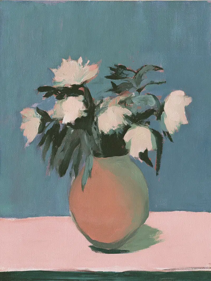 Still Life Oil Painting of White Flowers in a Round Vase on a Table