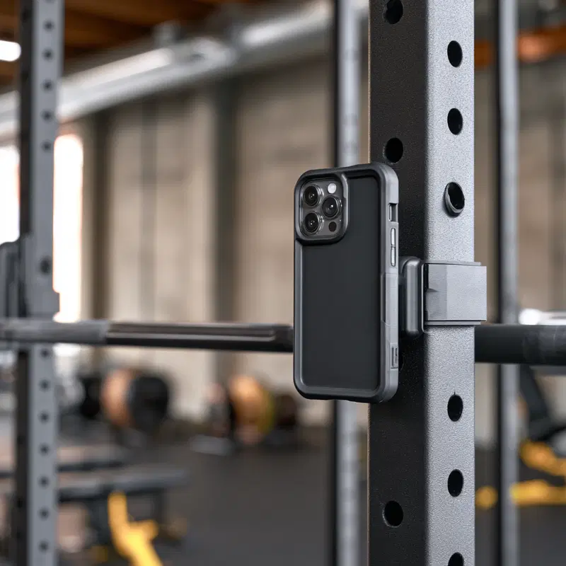 Close-up of a smartphone attached to gym equipment in a fitness center